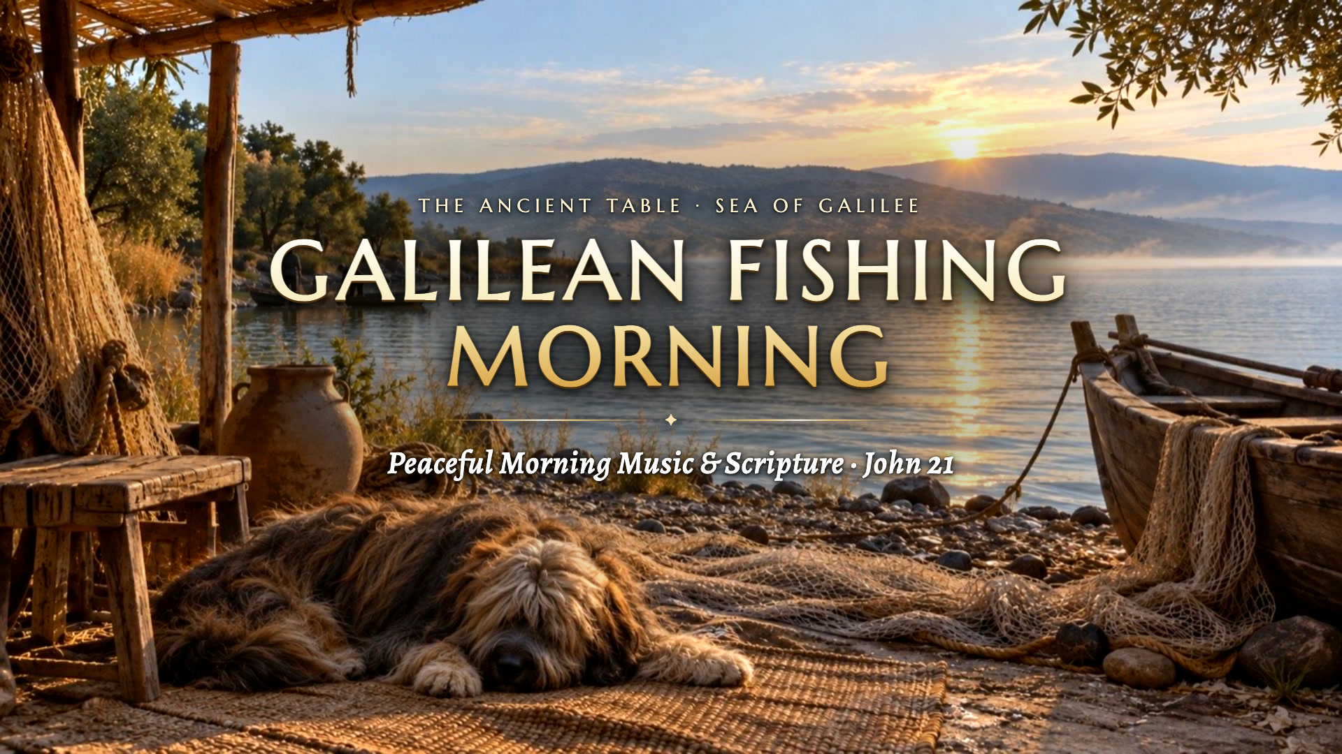Boats and fishing nets beside an imagined Galilean shore at sunrise
